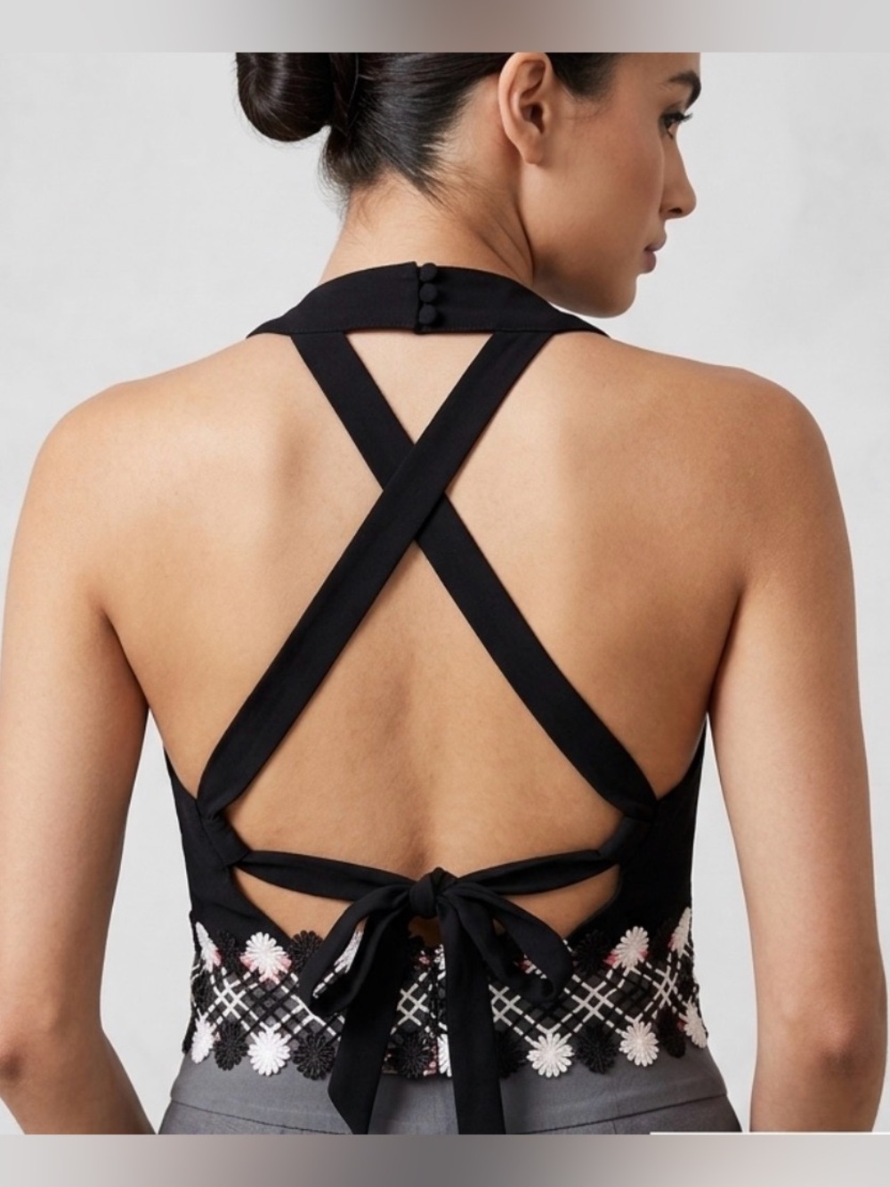Lulumari Black Crossback Embroidered Tie-Back Dress